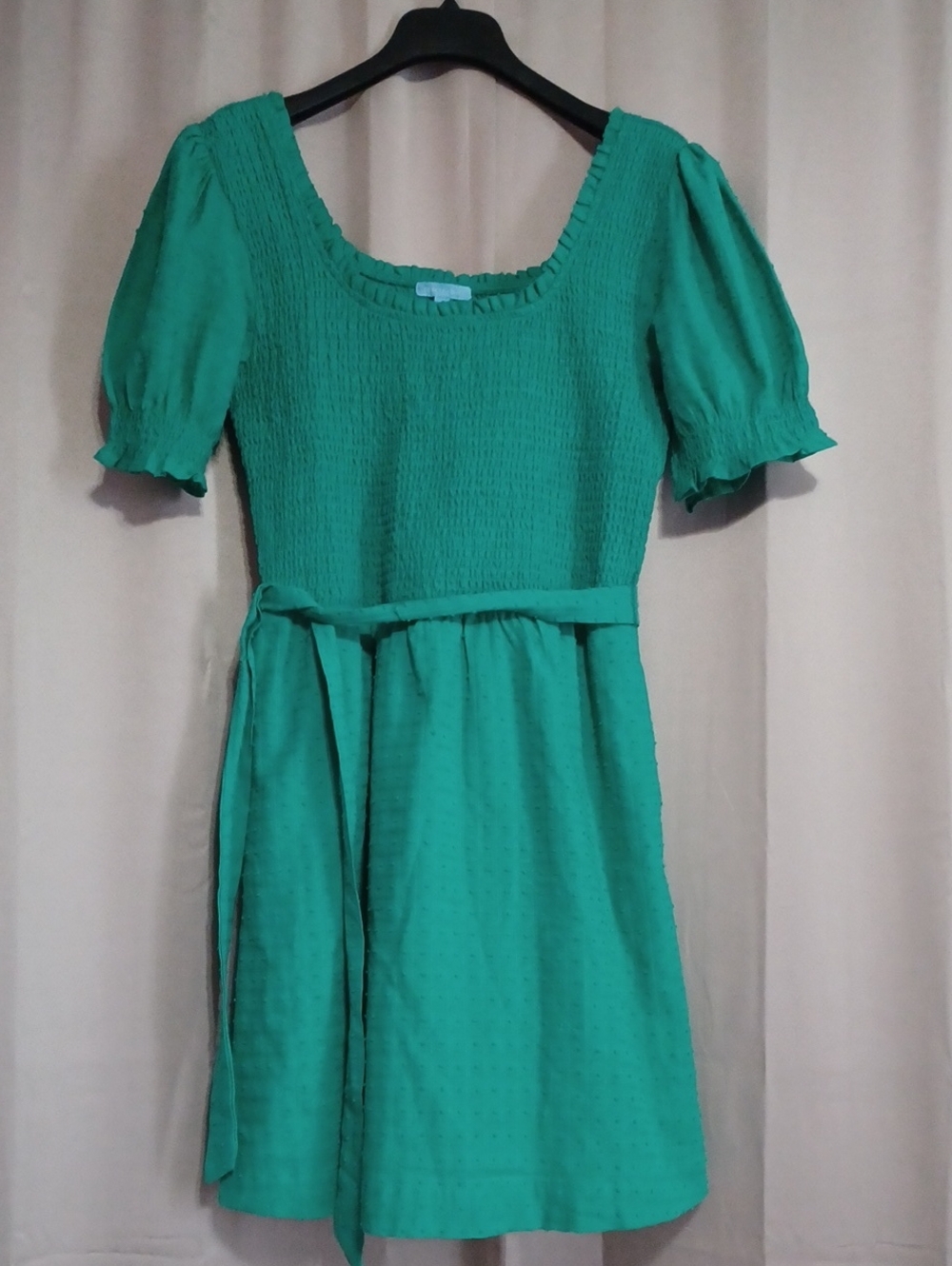 Draper James Green Smocked Puff Sleeve Square Neck Cotton Dress Pockets Size L